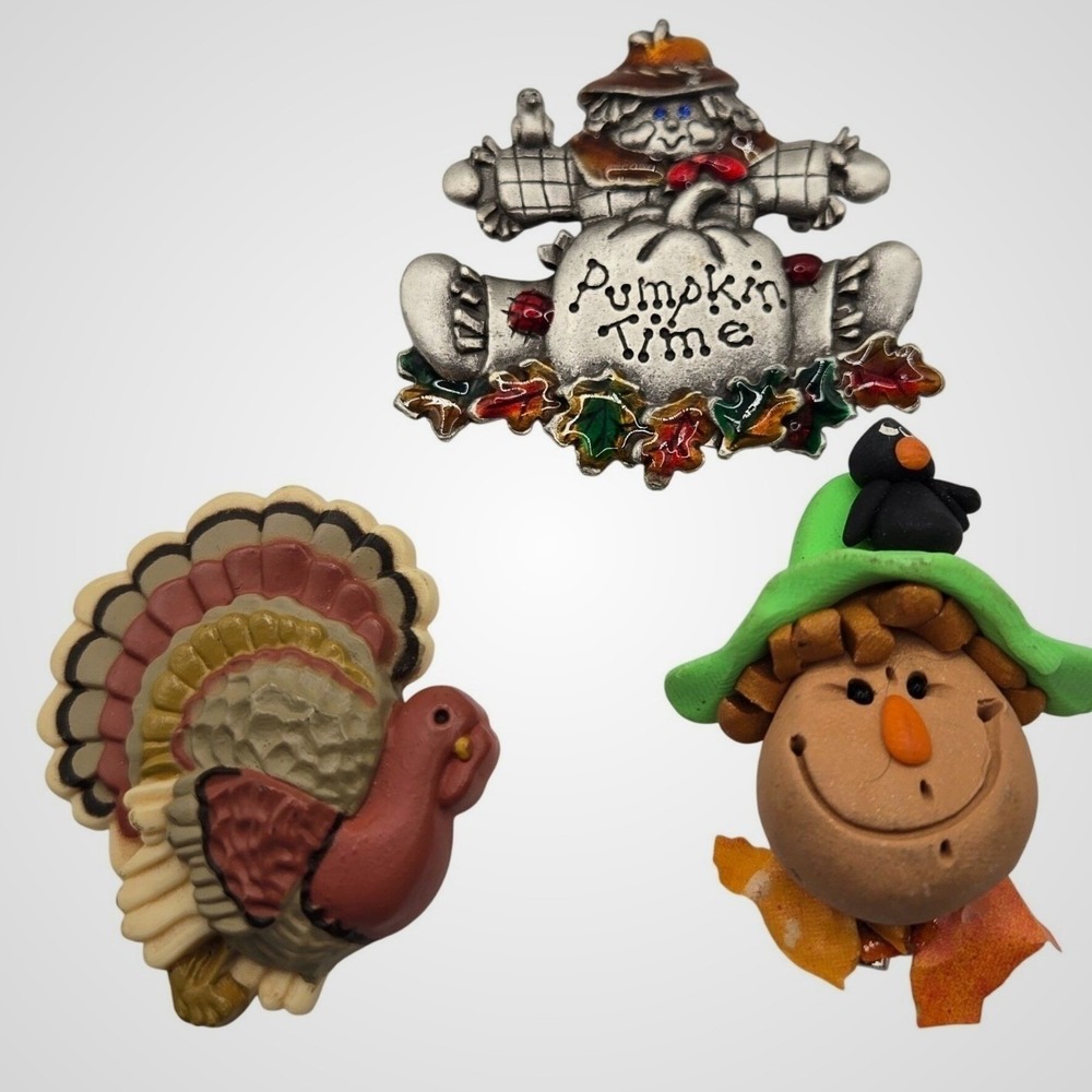 Vintage Thanksgiving Brooch Pin Lot Turkey Scarecrow Pumpkin Holiday